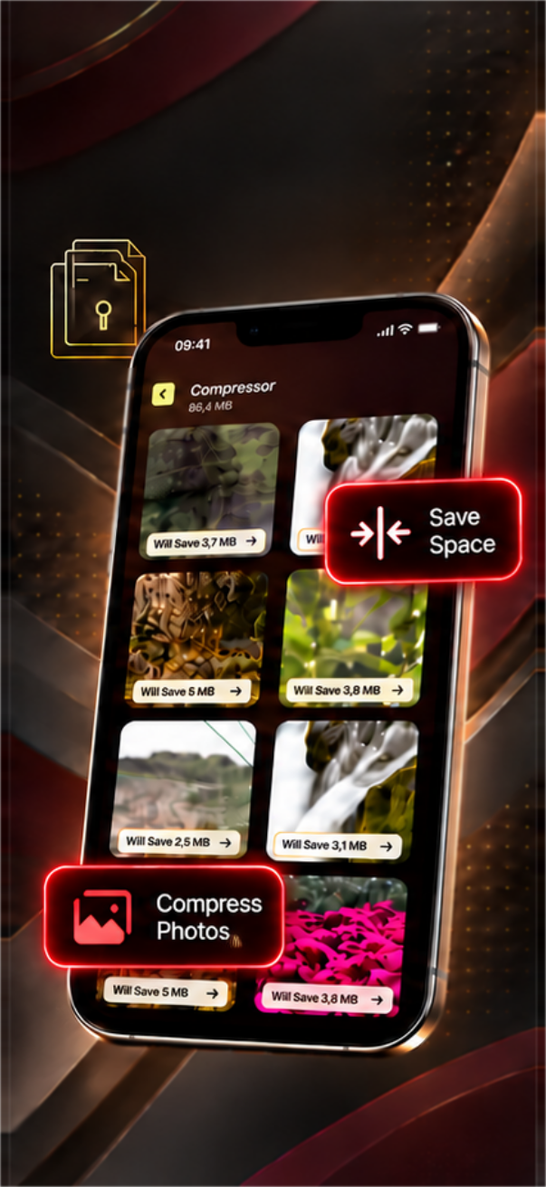 Shieldvexa photo compressor in an iPhone mockup showing image previews and estimated storage savings
