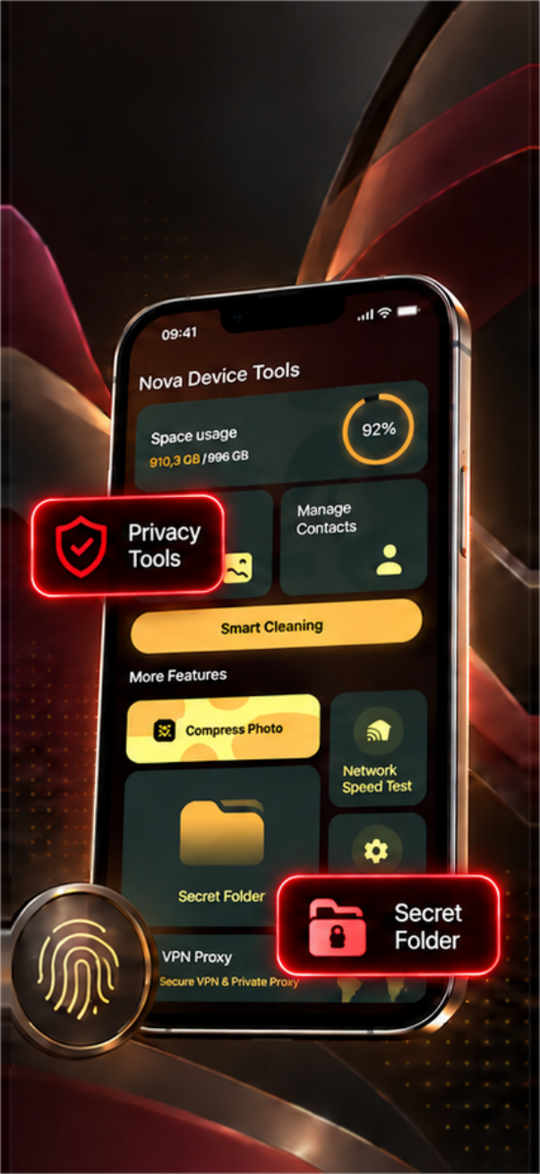Shieldvexa dashboard in an iPhone mockup with Smart Cleaning, Media Cleaner, Secret Folder and VPN Proxy