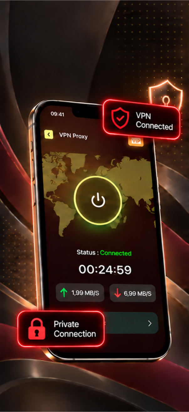 Shieldvexa VPN Proxy in an iPhone mockup, showing an active connection and server selection